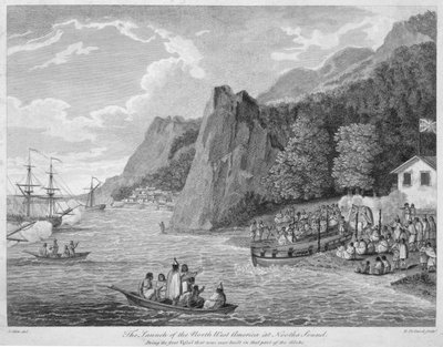 Luoteis-Amerikan laukaisu Nootka Soundilla kappaleesta "Voyages Made in the Year 1788 ja 1789, from China to the North West Coast of America", kapteeni John Meares (1756-1809) kaiverrettu Robe tekijältä Conrad Martin Metz